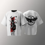 Wearing Itachi Edition t-shirt in urban setting – bold shinobi streetwear