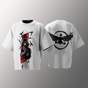 Wearing Itachi Edition t-shirt in urban setting – bold shinobi streetwear